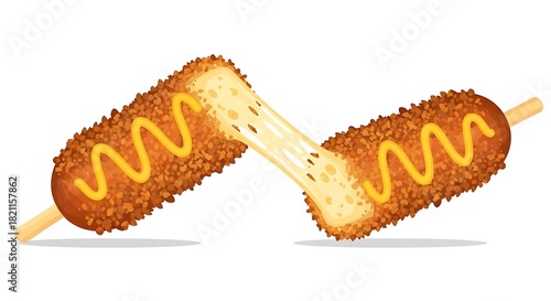 Delicious Korean Corn Dogs with Cheese Pull and Mustard Drizzle.
