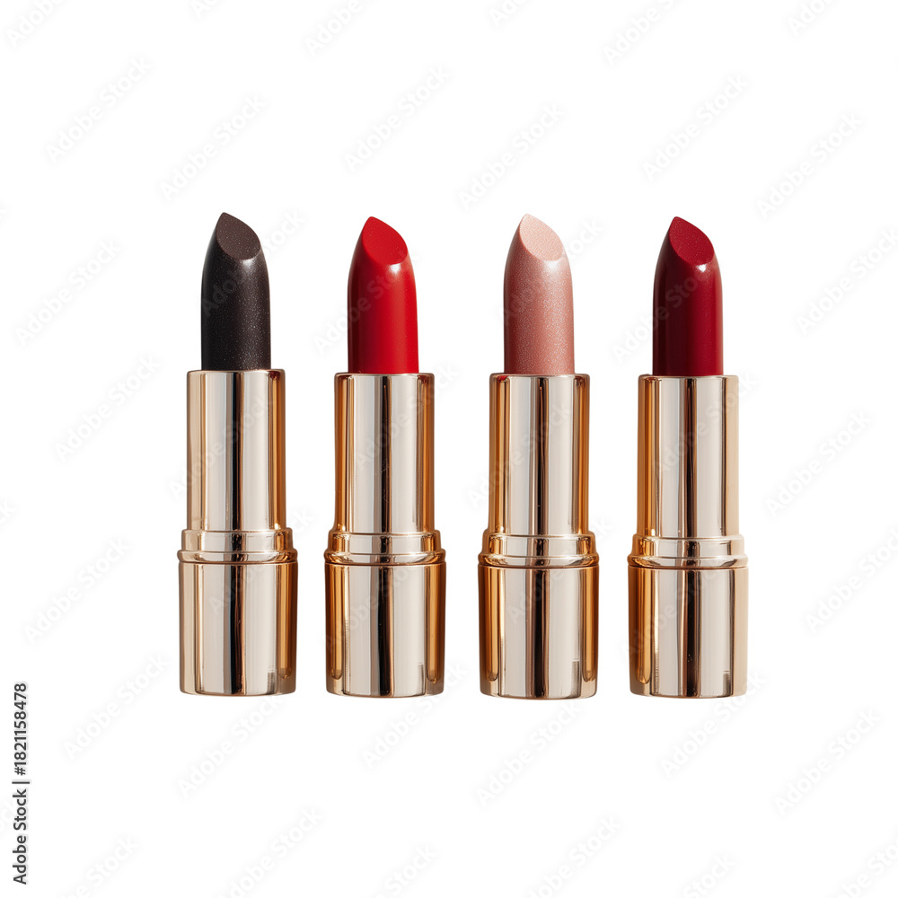 Fototapeta premium Assorted vibrant and classic shades of lipstick in elegant gold cases for makeup