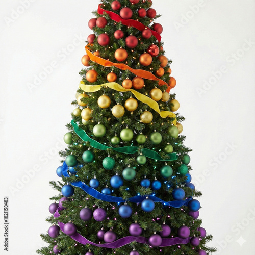 Rainbow colored christmas tree decorated with colorful ribbon and ornaments