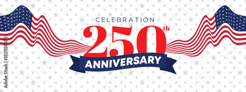 Wave style USA 250th anniversary banner with flowing stripes and modern patriotic composition
