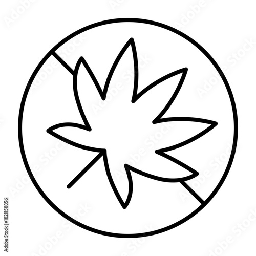 No sign with leaf of hemp plant thin line icon, prohibition concept, smoking marijuana is forbidden sign on white background, outline style for mobile web design. Vector graphics.