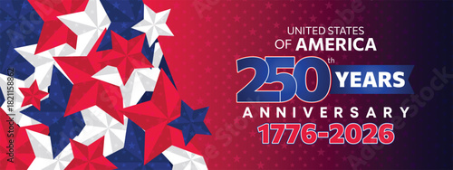 Red white blue star-pattern 250th USA anniversary banner with festive geometric celebration style