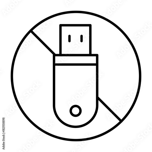 No sign with USB flash drive thin line icon, prohibition concept, dissemination of information is banned sign on white background, outline style for mobile web design. Vector graphics.