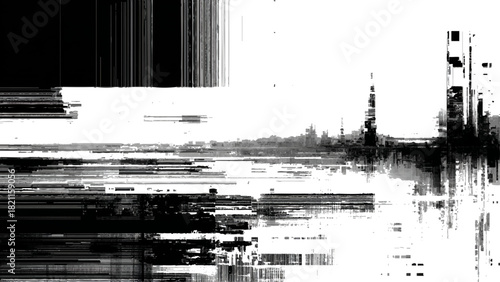 Abstract cityscape digital distortion glitch effect in high contrast black white isolated on transparent background, Vector, illustration