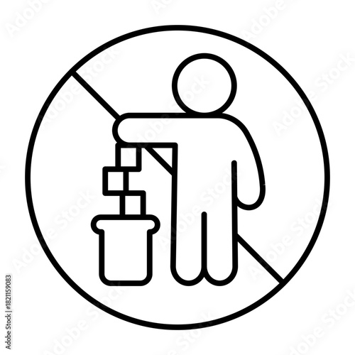 No symbol with man, garbage and trash can thin line icon, prohibition concept, pollution is forbidden sign on white background, outline style for mobile web design. Vector graphics