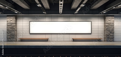 Fototapeta Naklejka Na Ścianę i Meble -  Empty subway station platform with wide blank billboard above wooden benches. Modern interior design features stone pillars and tiled walls. Clean urban transit space with copy space for ads.
