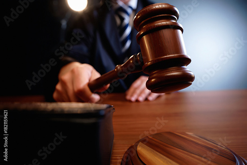 Courtroom drama unfolds as judge brings down the gavel, signaling justice and legal proceedings in a pivotal trial or hearing