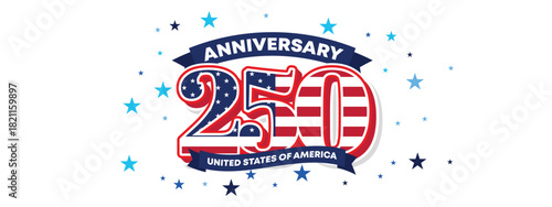 Decorative badge style USA 250 anniversary banner with stars, stripes and classic emblem look