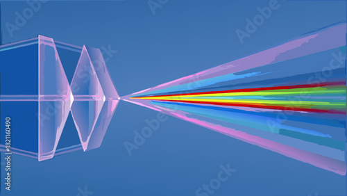Light refraction through prisms creating a spectrum of colors against a blue gradient background