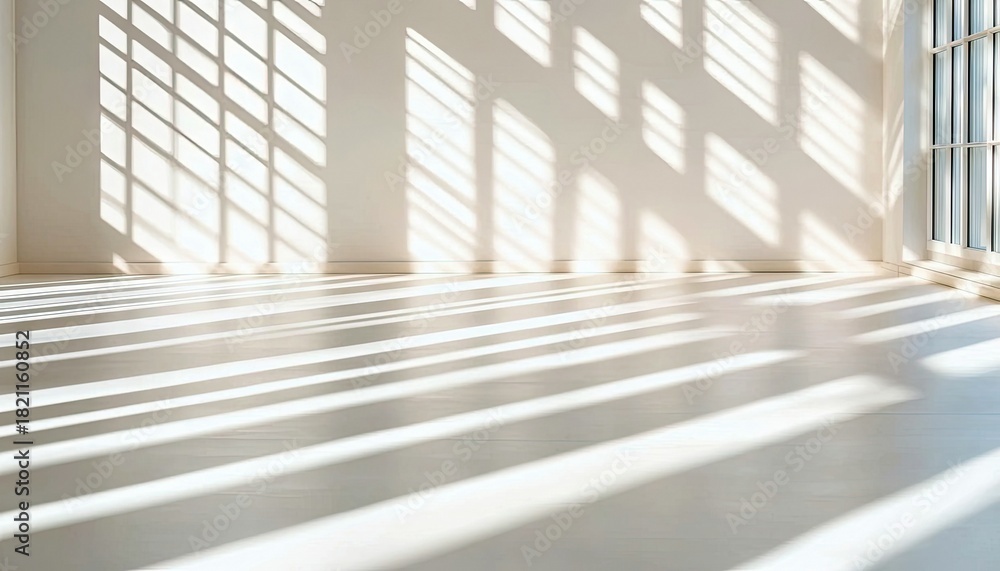 Obraz premium An empty, bright white room with a large window, illuminated by strong sunlight that casts geometric shadows across the floor and wall, creating a serene and ai