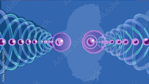 Illustration of waves emanating from two circular objects with beads on a blue background design