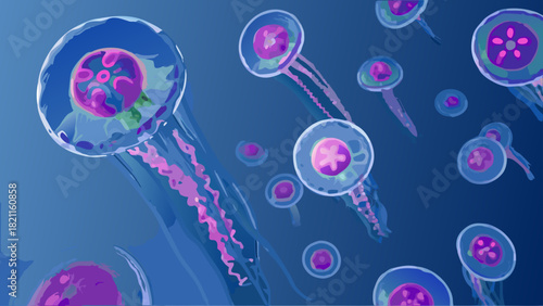 A group of translucent jellyfish with pink and purple centers floating in a dark blue ocean water scene