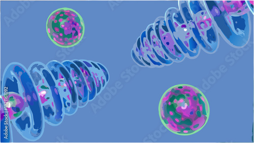 Abstract depiction of floating spheres and spiral structures against a blue background design style art