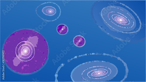 Illustration of multiple galaxies and celestial bodies against a blue cosmic background view drawing