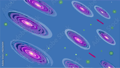 Illustration of multiple galaxies with purple hues scattered across a blue cosmic background scene view