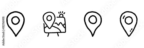 Map Location Pin Line Icon Set In Doodle Style. Navigation, Geolocation, And Travel Mapping Outline Sketch Collection. Hand Drawn Isolated Vector Illustration