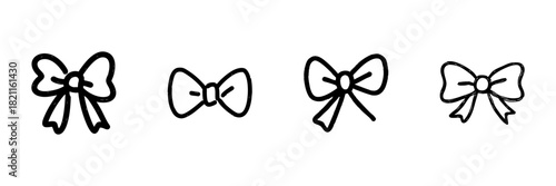 Bow Tie And Ribbon Line Icon Set In Doodle Style. Fashion Accessories, Gift Wrapping, And Decorative Elements Outline Sketch Collection. Hand Drawn Isolated Vector Illustration