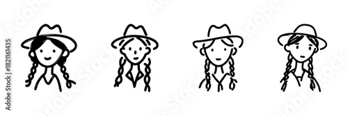 Female Farmer With Braids And Hat Line Icon Set In Doodle Style. Agriculture, Rural Lifestyle, And Farming Representation Outline Sketch Collection. Hand Drawn Isolated Vector Illustration