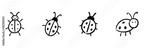 Ladybug Line Icon Set In Doodle Style. Insect Illustration And Nature Symbolism Outline Sketch Collection. Hand Drawn Isolated Vector Illustration