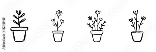 Potted Plants Line Icon Set In Doodle Style. Indoor Gardening, Home Decor, And Nature Elements Outline Sketch Collection. Hand Drawn Isolated Vector Illustration