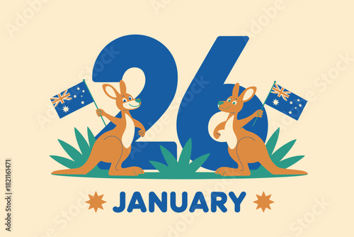 Australia Day 2026 Celebration with Kangaroos, Australian Flag, and Bold Typography.