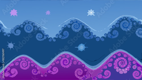 Abstract landscape with swirling patterns and star like shapes in shades of blue and purple color palette