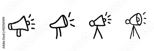 Megaphone Line Icon Set In Doodle Style. Communication, Announcement, And Public Speaking Outline Sketch Collection. Hand Drawn Isolated Vector Illustration