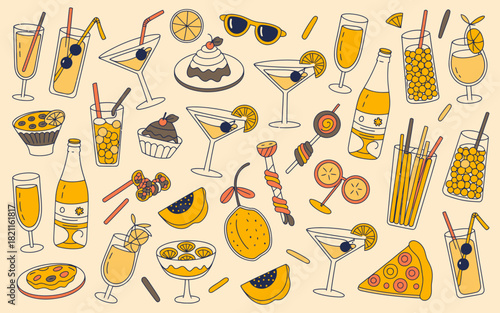 Casual Summer Food and Drink Illustration with Cocktails, Pizza, and Candy.