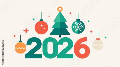 Illustration featuring christmas tree ornaments and the year 2026 in a festive and colorful design