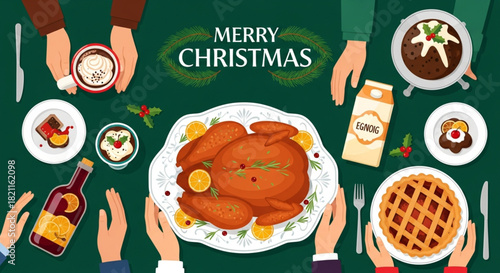 A vector illustration in a trendy retro style showing a table full of holiday food items for a Christmas or New Year celebration. Christmas Dinner On Table Top View. Christmas and New year invitation