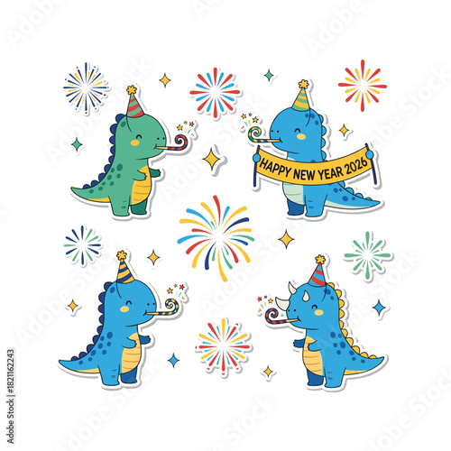 Cute cartoon dinosaurs with happy new year 2026 decorations sticker