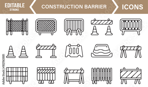 Linear design icons of hazard barriers, roadblocks, and construction panels