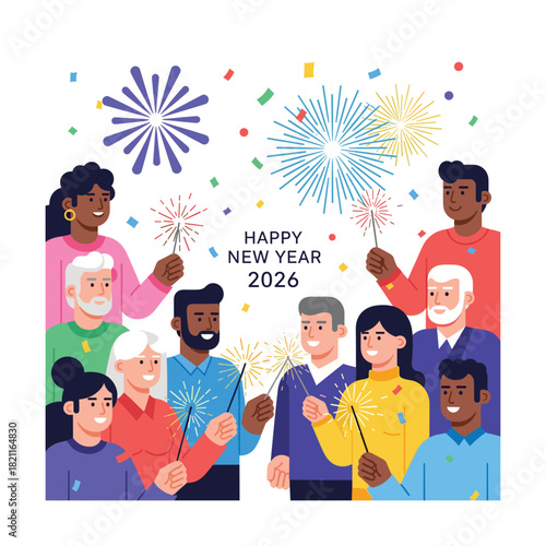 Diverse group celebrating happy new year 2026 with fireworks sparklers