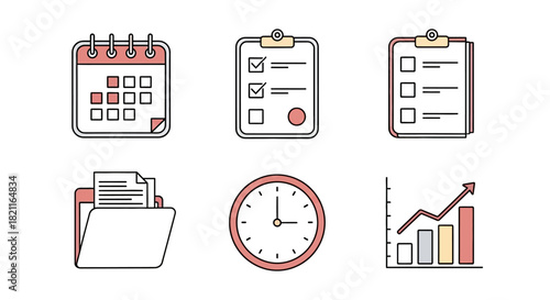 Comprehensive business and productivity management icon set for streamlined planning, task organization, time tracking, and data analysis