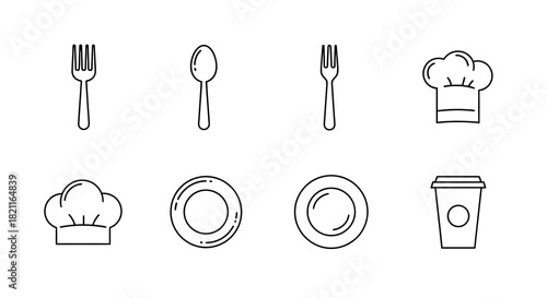 Minimalist Line Art Icons Essential Kitchen and Dining Cutlery, Cookware, and Tableware for Restaurant and Culinary Design Projects