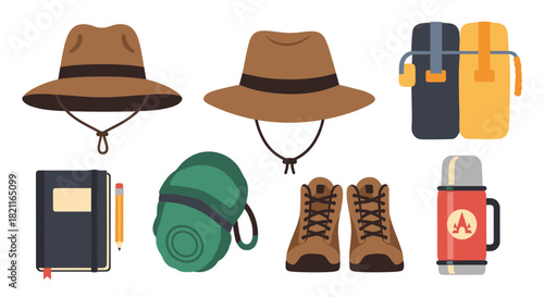 Camping gear illustration featuring two hats, a backpack, hiking boots, a notebook, a pencil, a thermos, and a pair of backpacks.