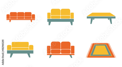 Collection of colorful, stylized furniture illustrations, including sofas and a table, on white.