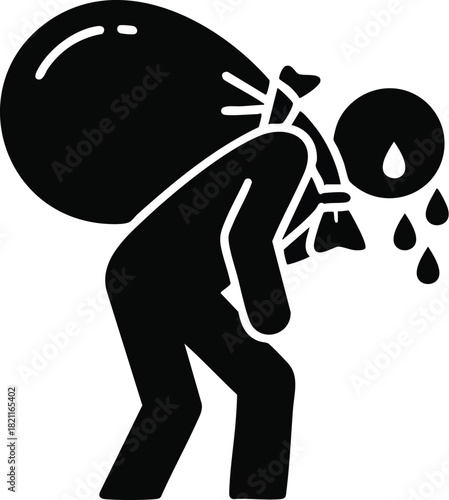 A silhouette icon of a person sweating and struggling under the weight of a heavy sack, symbolizing a great burden.