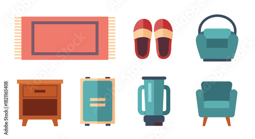 Flat vector illustration featuring a rug, slippers, bag, nightstand, suitcase, vase, and armchair arranged in two rows.
