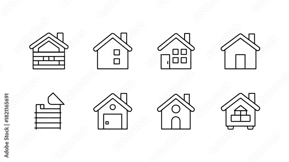 Fototapeta premium A collection of eight simple, outlined house icons in a grid layout.
