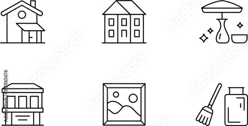 A collection of six simple line art icons depicting buildings, art, and cleaning supplies.