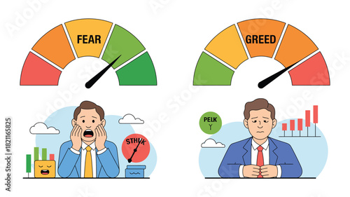 Two gauge indicators showing fear and greed alongside distressed businessmen.