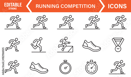 Outline illustrations of runners, sports shoes, stopwatches, and competition symbols