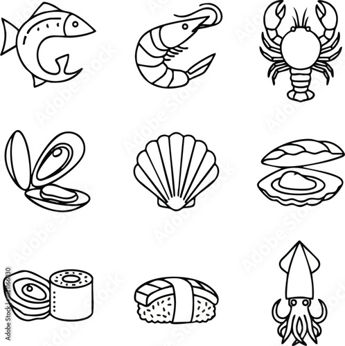 Black and white line art illustrations of various seafood items, including fish and shellfish.