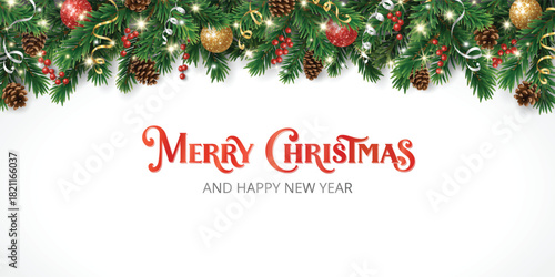 Glitter Christmas tree garland frame with pine cones, ribbons, and glowing lights. Elegant Merry Christmas calligraphy lettering. Realistic festive vector border.