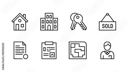 A set of real estate icons including a house, apartment building, keys, and a sold sign.