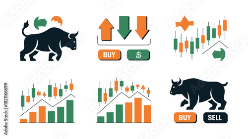 Financial market symbols and charts show bull and bear market trends for trading.
