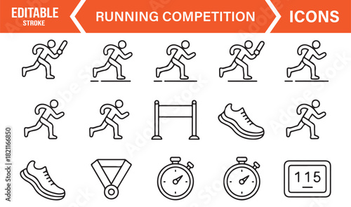 Vector line icon set of athletes, shoes, timers, and racing symbols