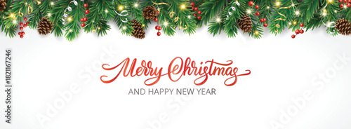 Christmas garland frame with glowing lights, pine cones, and holly berries around elegant Merry Christmas lettering. Realistic festive vector border.
