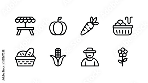 A collection of simple line art icons representing food, farming, and outdoor activities.